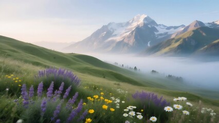 Aufkleber - 高山風景 霞がかった谷間に咲く多様な花々 白い雪を抱く山々と緑豊かな斜面