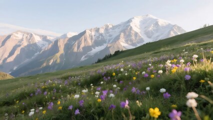 Aufkleber - 高山の花咲く牧草地と雪を頂いた山々の風景 鮮やかな色彩と光 春夏の自然の美しさ