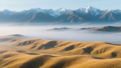 Poster - 朝の霧に包まれた丘と雪山 黄金色の草地と青空のコントラスト 穏やかな風景