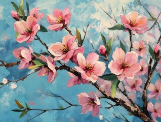 Aufkleber - ピンクの花と緑の葉が咲き誇る青い背景に描かれた桜の枝のクローズアップ