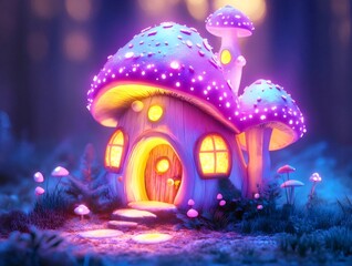 Aufkleber - 鮮やかな紫色の光が灯るキノコ型の家が森の中に佇むファンタジーな世界観