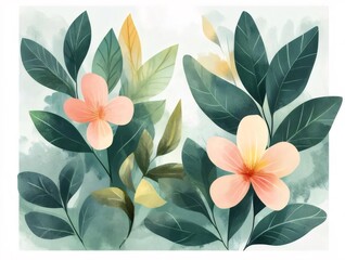 Aufkleber - 水彩画風のピンクの花と緑の葉の装飾的なイラスト 穏やかな背景 白い背景に分離