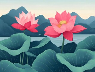 Aufkleber - 水面に咲くピンクの蓮の花と緑の葉の風景 イラストレーション 鮮やかな色彩で穏やかな夏の情景を描写