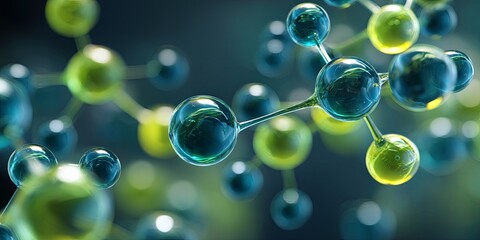 Fototapete - Close-up View of Molecules in Blue and Green Tones, Representing Chemical Structures and Scientific Concepts, Abstract Background Design for Education and Research