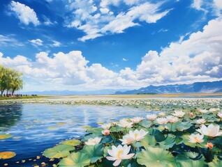 Aufkleber - 青空と白い雲の下 咲き誇る蓮の花 穏やかな水面に浮かぶ風景画 夏の爽やかな自然の美しさ