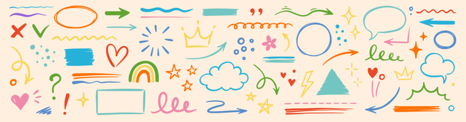 Poster - Line hand drawn brush marker underline, highlight, star element color kid set. Hand drawn sketch marker underline shape, arrow, star scribble brush pen stroke highlight element. Vector illustration