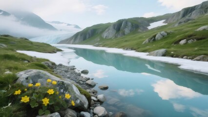 Aufkleber - 高山風景 青い湖と氷河のコントラスト 緑豊かな草地と岩場に咲く黄色い花の風景画 穏やかな天気 自然の美しさ