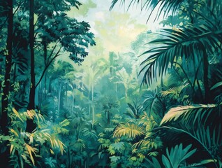 Aufkleber - 鮮やかな緑色のジャングル風景 太陽光が木々を照らし 茂る葉と草のコントラスト 鮮やかな色合いと自然の美しさ