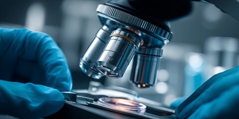 Aufkleber - Close-Up View of Microscope with Hands in Blue Gloves Conducting Scientific Research in a Laboratory Setting