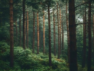 Aufkleber - 緑豊かな森林の木々と光線の美しい風景写真 太陽光が差し込む深緑の木々 自然の神秘的な雰囲気
