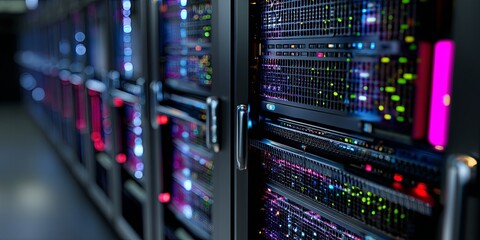 Leinwandbilder - High-Definition Close-Up of a Modern Data Server Rack with Colorful LED Lights and Digital Technology Components for IT Infrastructure