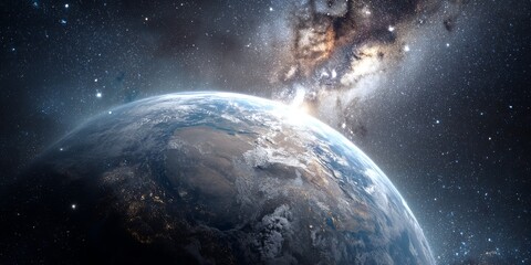 Poster - Stunning View of Earth in Space Surrounded by Stars and Galactic Elements Ideal for Educational or Artistic Projects and Presentation Materials