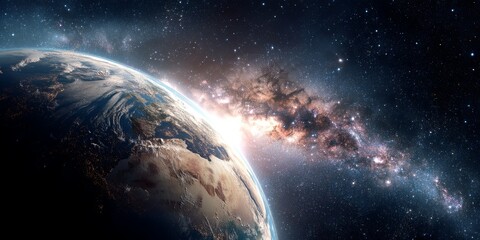 Poster - Stunning View of Earth in Space Surrounded by Stars and Galactic Elements Ideal for Educational or Artistic Projects and Presentation Materials