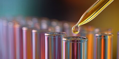 Poster - Close-Up of a Dropper Releasing a Liquid Drop into a Row of Clear Test Tubes with a Colorful Background in a Laboratory Setting
