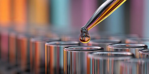 Poster - Close-Up of a Dropper Releasing a Liquid Drop into a Row of Clear Test Tubes with a Colorful Background in a Laboratory Setting