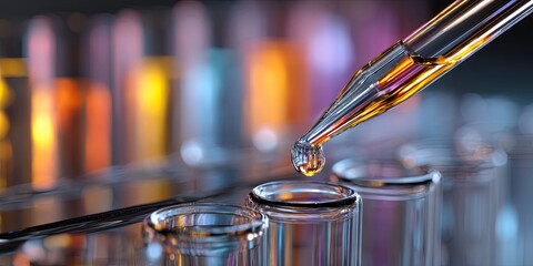 Poster - Close-Up of a Dropper Releasing a Liquid Drop into a Row of Clear Test Tubes with a Colorful Background in a Laboratory Setting