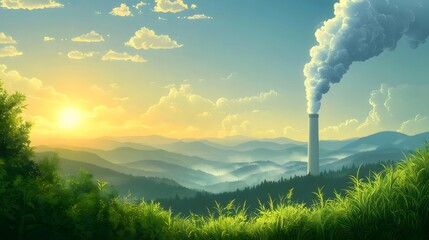 Poster - ピクセルアートの風景画 朝焼けの山々と緑豊かな自然と煙突からの煙の美しい風景