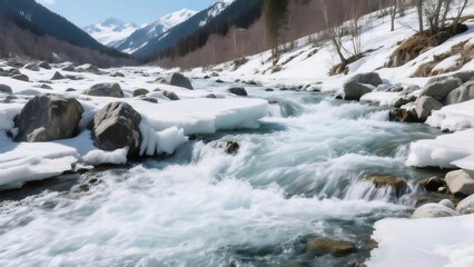 Aufkleber - 雪山と清流の風景 氷と岩と水の流れ 美しい自然のパノラマ 春の雪解けのダイナミックな景色