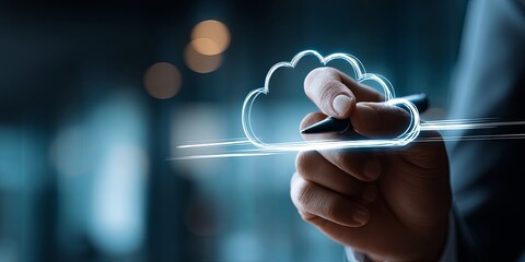 Fototapete - Business professional using digital pen to create cloud computing diagram on touchscreen interface in modern office setting with blue tones