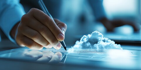 Aufkleber - Business professional using digital pen to create cloud computing diagram on touchscreen interface in modern office setting with blue tones