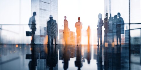 Aufkleber - Professional team collaboration in a modern office environment with skyscrapers reflected in the glass showcasing innovation and teamwork dynamics