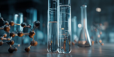 Poster - Abstract laboratory scene with glass test tubes, chemical formulas, and molecular structures showcasing scientific research and innovation in a modern environment