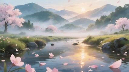 Aufkleber - 日本の桜並木 川沿いの風景 春の日の光とピンクの花びら 穏やかな自然美を描く