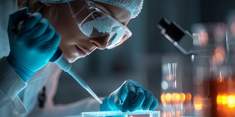 Leinwandbilder - Female Scientist in Laboratory Conducting Research with Pipette While Wearing Protective Gear and a Lab Coat Inside a Modern Lab Environment