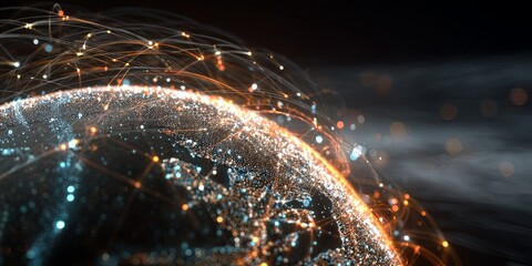 Poster - Stunning Digital Representation of Earth with Bright Lights, Data Streams, and Bright Stars in a Cosmic Space Background for High-Tech Visuals