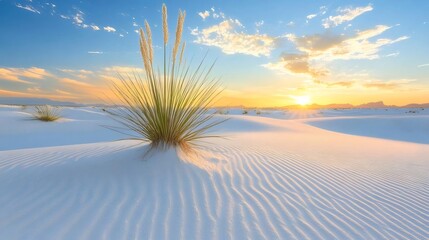Aufkleber - 夕焼け時の白い砂漠に生える草 自然の風景 光と影による美しいコントラスト 青い空とオレンジ色の夕日の色