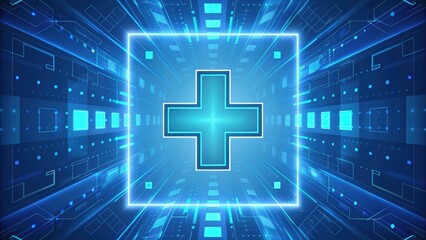 Poster - Abstract gradient Science technology and medical. Futuristic blue medical cross design with digital patterns and glowing elements.