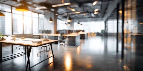 Fototapete - Modern office interior with bright lighting and blurred background, showcasing an open workspace concept for creative collaboration and productivity