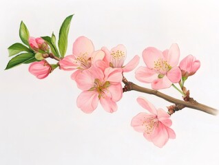 Aufkleber - 水彩画の桃の花の枝 ピンク色の花びらと緑の葉 白背景に手描きのアート作品