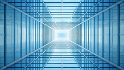 Poster - Abstract gradient Science technology and medical. Looking up through a modern glass building, showcasing a geometric pattern and blue hues.