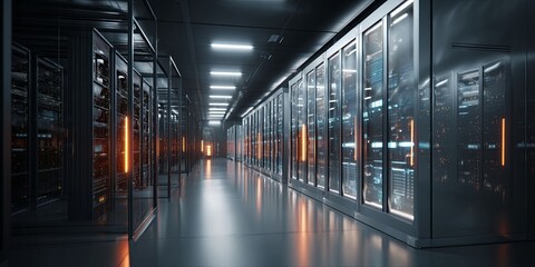 Fototapete - Futuristic Data Center with Servers, Digital Networks, and Glowing Lights in a Modern Technology Environment for Stock Photography Use