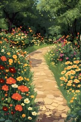 Aufkleber - 鮮やかなコスモスの咲く小道緑豊かな庭園と木々の背景鮮やかな色彩の風景画