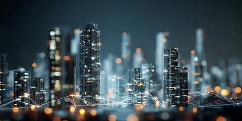 Poster - Futuristic city skyline with glowing buildings and digital elements representing technology, innovation, and urban development at nighttime