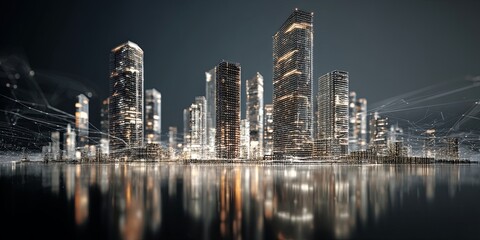 Poster - Futuristic city skyline with glowing buildings and digital elements representing technology, innovation, and urban development at nighttime
