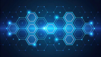 Poster - Abstract gradient Science technology and medical. Digital hexagonal pattern with glowing blue accents on a dark background.