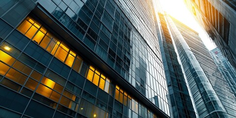 Leinwandbilder - Modern Office Building Exteriors Reflecting Glass Facades and Dynamic Urban Architecture in a Bustling Business District
