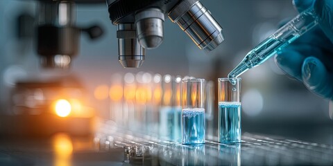 Leinwandbilder - Medical technician conducts laboratory experiment with test tubes, microscope, and blue liquid in bright light for scientific research and analysis