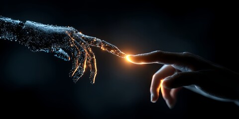 Aufkleber - Digital representation of human and artificial intelligence interaction with futuristic glowing hands depicting connection and technology evolution in dark background