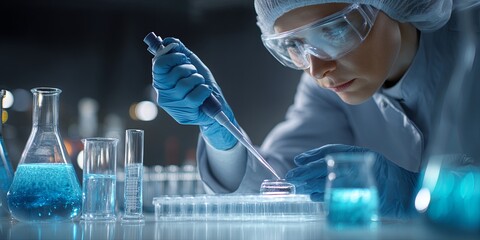 Leinwandbilder - Laboratory technician conducting experiments with pipette and glassware in modern scientific research facility showcasing innovative technology