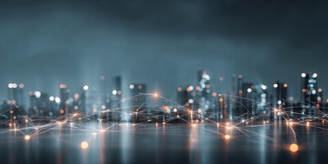 Poster - Futuristic Urban Landscape with Digital Connectivity Fiber Optics and Bright Neon Lights Over City Skyline at Night in Blue Tones