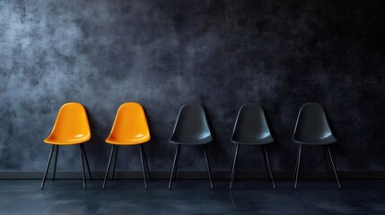 Aufkleber - 暗い背景に並んだオレンジと黒の椅子 モダンなデザインと影が作り出す空間