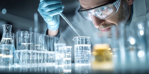 Poster - Laboratory Scientist in White Coat Performing Experiment with Pipette and Test Tubes in Modern Research Facility Environment
