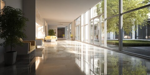 Poster - Spacious modern corridor with large windows allowing natural light to illuminate the polished floor, showcasing contemporary architecture and design aesthetics