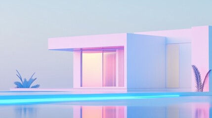 Poster - Modern minimalist architecture in soft pastel tones with a bright blue pool glow and reflections