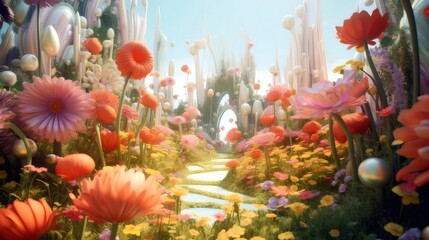 Poster - 色とりどりの花々が咲き誇る幻想的な庭園の風景 明るい光が差し込む夏の日の夢のような風景