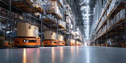 Fototapete - Advanced Warehouse Technology with Automated Robots and Inventory Management System in Modern Distribution Center